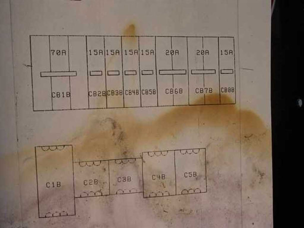 Wiring diagram label inside enclosure door — shows breaker layout: CB1B 70A, CB2B–CB5B 15A, CB6B–CB7B 20A, CB8B 15A, and contactor positions C1B–C5B