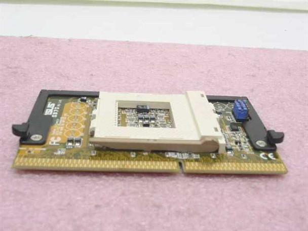 ASUS S370 Slot 1 to Socket 370 CPU converter card — angled top view showing Socket 370 ZIF socket, PCB components, and Slot 1 edge connector