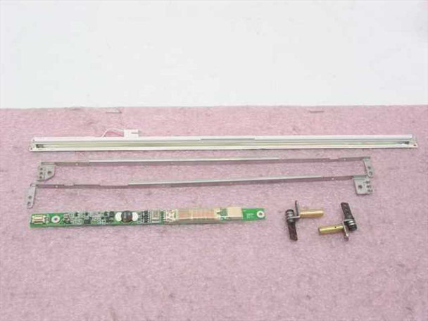 Gateway Solo 5300 LCD parts spread out: CCFL backlight tube with housing, hinge rails, Samsung SIC411 inverter board, and two display hinges