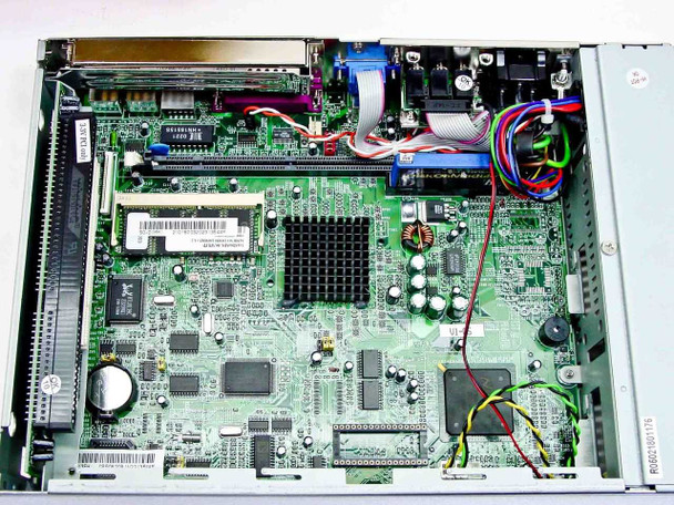 Neoware EON thin client interior — mainboard with heatsink-covered CPU, SO-DIMM RAM module, compact flash storage, expansion riser slot, and internal fan wiring