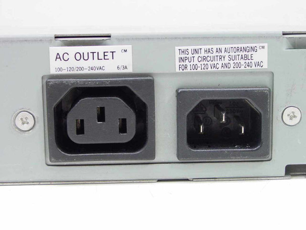 Delta SMP-63AB rear panel close-up showing AC outlet (100-120/200-240VAC 6/3A) and autoranging IEC AC input connector
