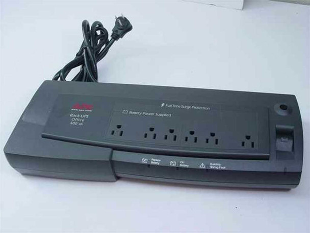 APC BF500U Back-UPS Office 500VA desktop UPS — front top view showing 6 NEMA outlets, LED indicators, and power cord