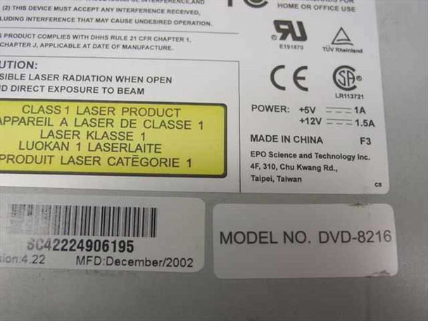 EPO DVD-8216 label close-up showing model number, EPO Science and Technology manufacturer info, power specs +5V 1A +12V 1.5A, Made in China, and MFD December 2002