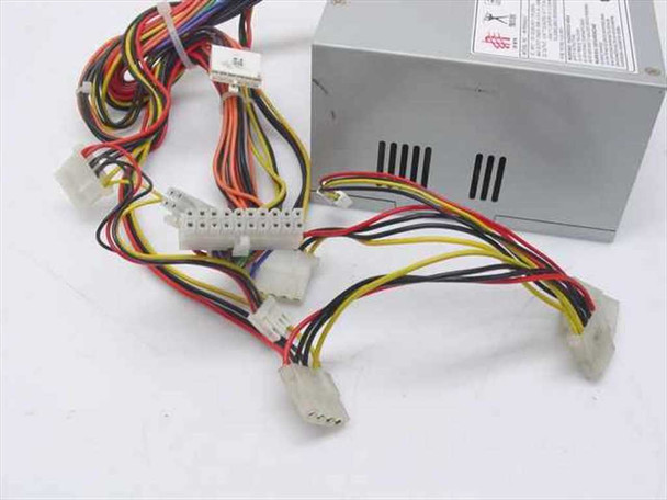 In Win Power Man IW-P250A2-0 250W ATX power supply – close-up of connector harness showing 20-pin ATX main connector, 4-pin P4, multiple 4-pin Molex, and floppy power connectors