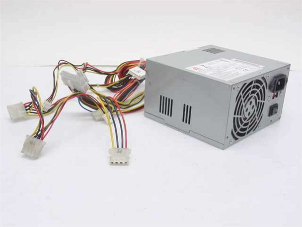 In Win Power Man IW-P250A2-0 250W ATX power supply – right-side view showing fan grille, AC inlet, power switch, and multiple Molex and floppy power connectors fanned out