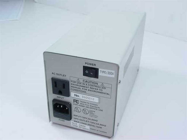 300VA UPS 9905010 rear panel showing AC outlet, IEC C14 input, power rocker switch, fuse, and Type 300A rating label