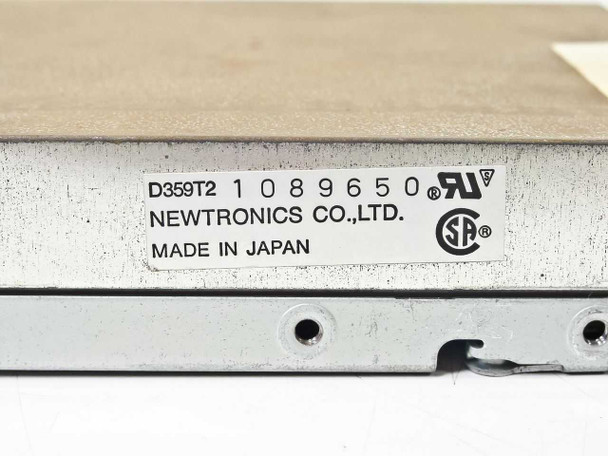 Newtronics D359T2 label closeup – shows model D359T2, serial 10896505, Newtronics Co. Ltd., Made in Japan, UL and CSA marks