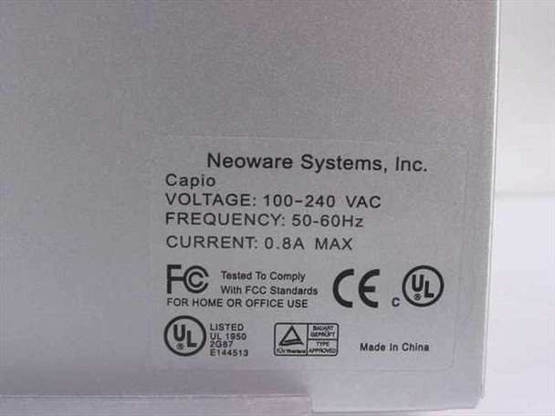 Neoware Systems Capio rating label showing model Capio, 100-240VAC 50-60Hz 0.8A, FCC/CE/UL certifications, Made in China