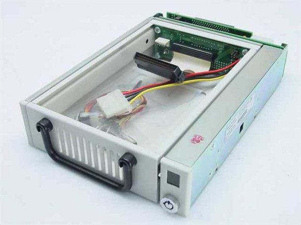 Kingston DE100i-RSW/HS Data Express drive carrier – front angled view showing empty tray with internal Molex power and ribbon cable, front handle, and power button