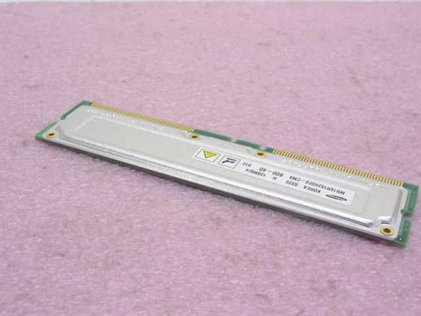 Samsung MR16R1624DF0-CM8 128MB RDRAM RIMM PC800-40 memory module — reverse side view showing label and gold edge connector