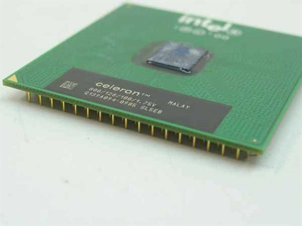 Intel Celeron SL5EB 800MHz PGA370 CPU — angled side view showing pin rows and Celeron label with SL5EB stepping