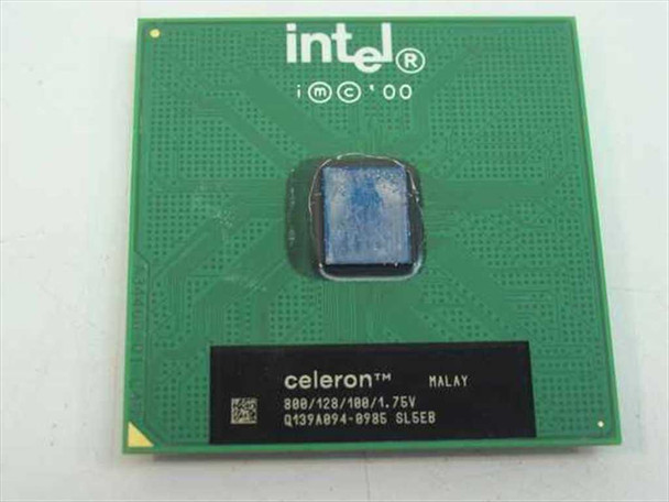 Intel Celeron SL5EB 800MHz PGA370 CPU — top view showing Intel iMC 2000 logo and Celeron label with 800/128/100/1.75V spec markings