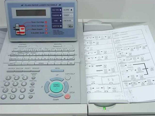 Sharp FO-4400 front control panel close-up showing LCD display, one-touch dial keys, numeric keypad, resolution selectors, and START/ENTER button with quick-reference guide sheet