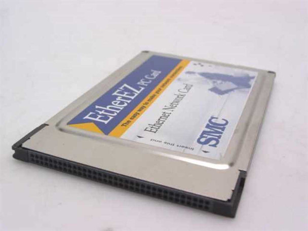 SMC EtherEZ 8020BT/T PCMCIA Ethernet PC Card — angled front view showing label and 68-pin connector edge
