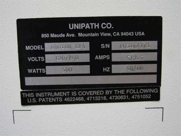 Unipath Co. rating plate showing Model: PHOTON ERA, Volts: 120/240, Amps: 5/2.5, Watts: 500, Hz: 50/60, with U.S. patent numbers