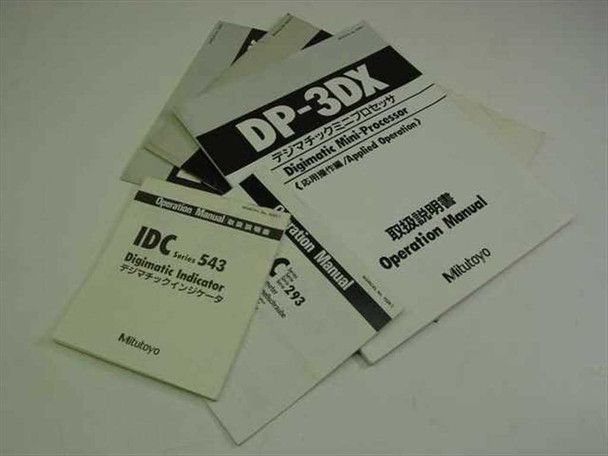 Collection of Mitutoyo operation manuals included — DP-3DX Basic Operation, DP-3DX Applied Operation, IDC Series 543 Digimatic Indicator, and MDC 293 manuals