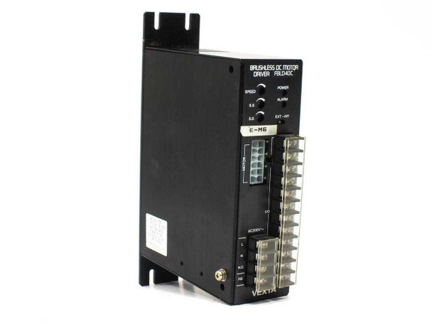 Oriental Motor FBLD40C Vexta — angled front-right view showing panel LEDs, motor connector, I/O terminals, and VEXTA branding