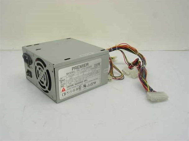 Premier PS-ATX-250SN 250W ATX power supply – three-quarter front view showing casing, fan, and output harness bundle