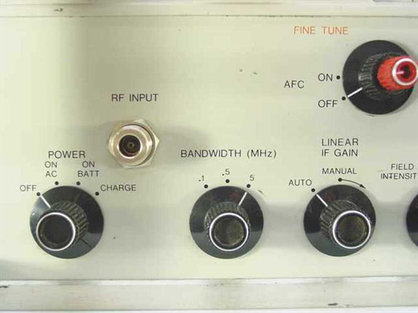 Singer Stoddart NM-65T lower front panel showing N-type RF input, POWER switch, BANDWIDTH selector (.1/.5/5/AUTO MHz), AFC switch, and IF GAIN control