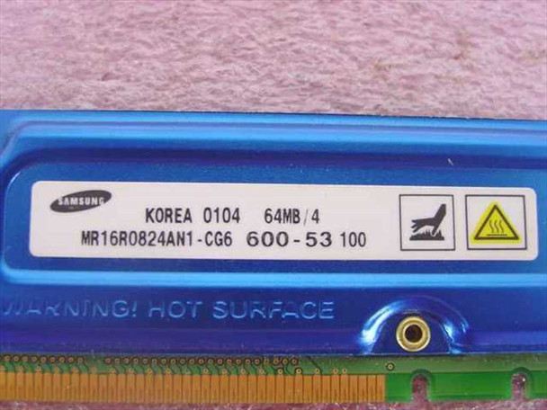 Samsung MR16R0824AN1-CG6 label close-up showing 64MB/4, PC600-53, Korea 0104 date code, and HOT SURFACE warning
