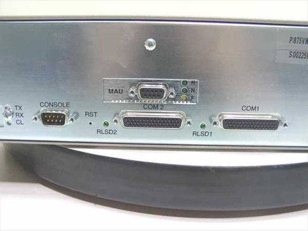 Bay Networks AE1101001 BayStack Access Node – front port detail showing Console DB9, MAU DB15, COM2 DB25, COM1 DB25, RLSD1 and RLSD2 DB25 ports with status LEDs