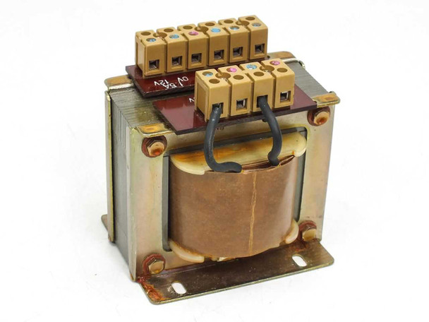 Hirao Denki 72VA transformer rear-left view showing laminated core, copper winding, and terminal block wiring