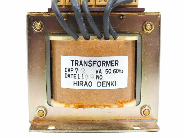 Hirao Denki 72VA transformer close-up of label showing CAP 72VA 50.60Hz date and brand name