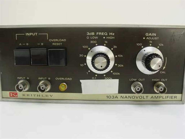 Keithley 103A Nanovolt Amplifier — close-up of front panel showing INPUT A, INPUT B, OVERLOAD BNC connectors, A-B and -B selector buttons, 3dB FREQ Hz dial (0.1–100k), GAIN ADJUST dial, LOW OUT and HIGH OUT BNC connectors, and Keithley logo