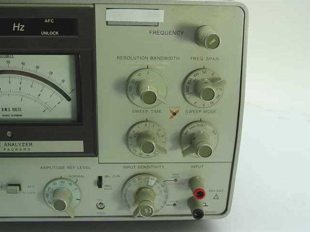 HP 3581A Wave Analyzer right-side front panel showing Frequency knob, Resolution Bandwidth, Freq Span, Sweep Time, Sweep Mode controls, Input Sensitivity, Amplitude Ref Level, and input connectors