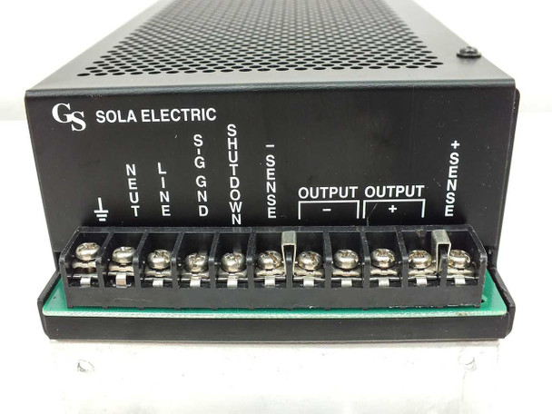 Sola Electric 86-24-262 — terminal block end showing GS Sola Electric logo and labeled terminals: Neut, Line, SGND, Shutdown, -Sense, Output-, Output+, +Sense