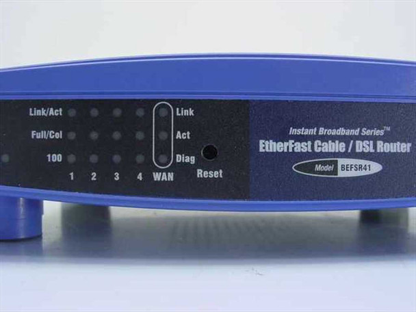 Linksys BEFSR41 front panel close-up showing Link/Act, Full/Col, 100 LEDs for ports 1–4 and WAN, Diag button, and Reset button