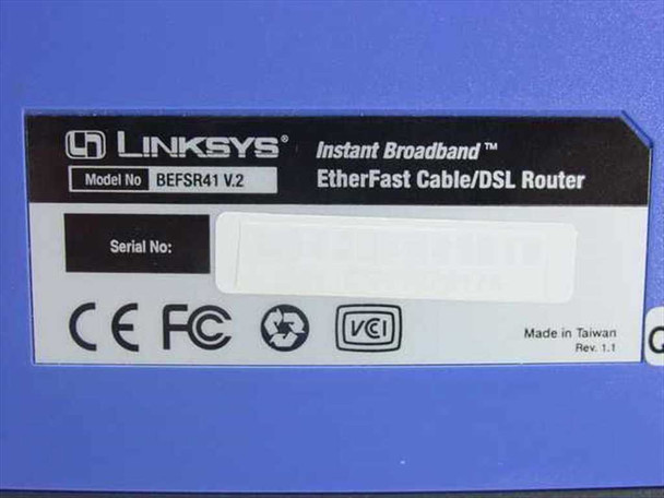 Linksys BEFSR41 bottom label showing Model No BEFSR41 V.2, EtherFast Cable/DSL Router, Made in Taiwan, Rev. 1.1, CE FCC VCI marks