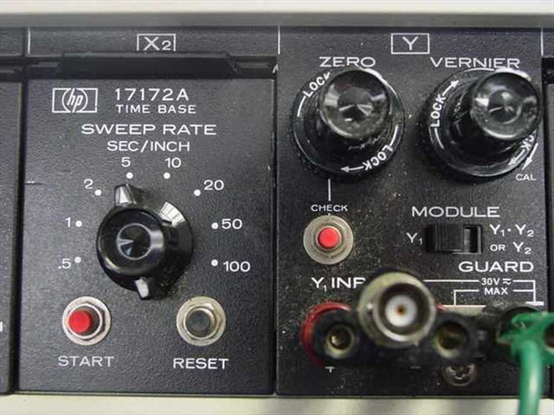 HP 17172A Time Base module (X2 channel) and Y-axis controls close-up showing SWEEP RATE knob (0.5–100 sec/inch), START/RESET buttons, ZERO/VERNIER/MODULE/GUARD controls, and Y INPUT BNC