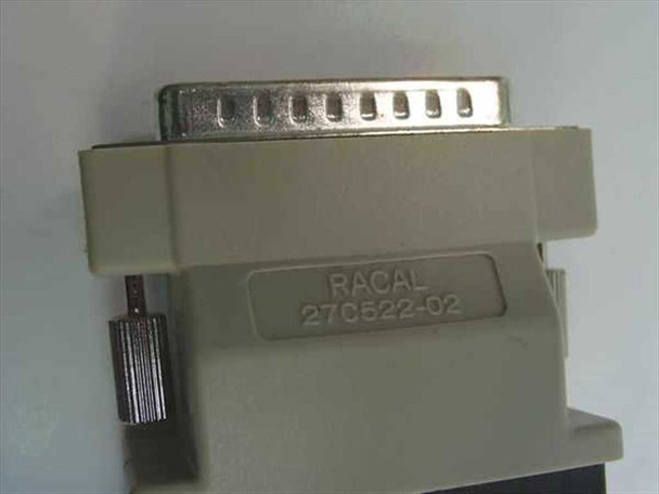 Racal 27C522-02 adapter – close-up of DB25 male connector end with molded label showing brand name RACAL and part number 27C522-02