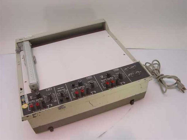 HP 7046A X-Y Recorder front three-quarter view showing 2-pen platen, front panel controls, input jacks, and power cable
