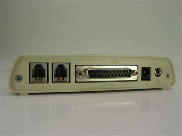Fast Mac V.34 modem rear panel showing two RJ-11 ports (LINE and PHONE), DB-25 serial connector, and DC power jack
