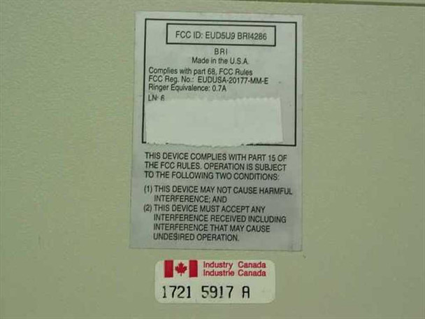 Fast Mac V.34 modem bottom label showing FCC ID EUD5U9 BRI4286, Made in USA, FCC Part 68 compliance, and Industry Canada certification