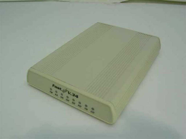 Fast Mac V.34 external modem top and front view showing cream housing with LED status indicators along front edge
