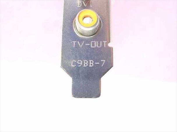 PowerColor Radeon 7000 bracket close-up showing DVI port label, TV-OUT RCA jack, and 'C9BB-7' part number stamped on bracket