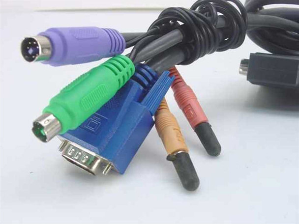 Aten 2L-1701P KVM cable — close-up of computer end showing purple PS/2 keyboard, green PS/2 mouse, blue HDB-15 VGA, red and tan 3.5mm audio connectors