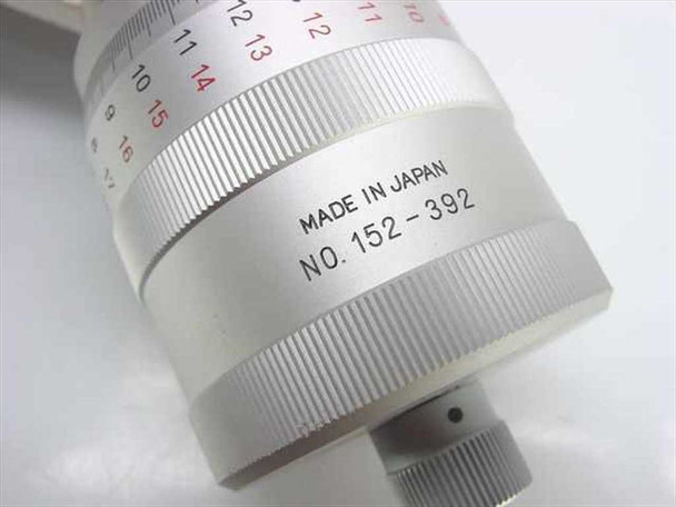 Close-up of Mitutoyo micrometer head barrel showing 'MADE IN JAPAN' and model number 'NO. 152-392'