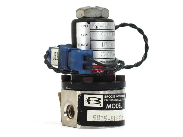 Brooks Instrument 5835-B1G5E1 mass flow control valve — front-left view showing valve body, solenoid actuator, and blue connector wiring
