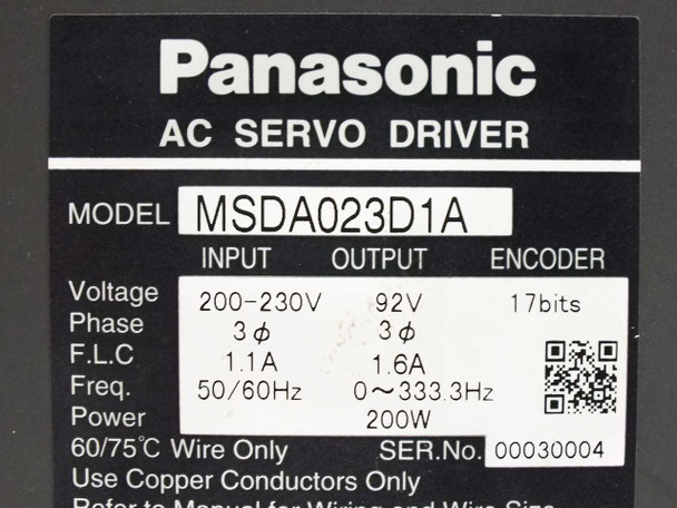 Panasonic MSDA023D1A nameplate label showing model number, input 200-230V 3-phase 1.1A, output 92V 1.6A 0-333.3Hz 200W, 17-bit encoder