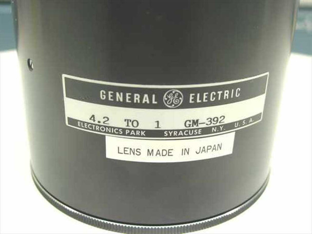 General Electric GE GM-392 label closeup showing '4.2 TO 1', model GM-392, Electronics Park Syracuse NY, and Lens Made in Japan markings