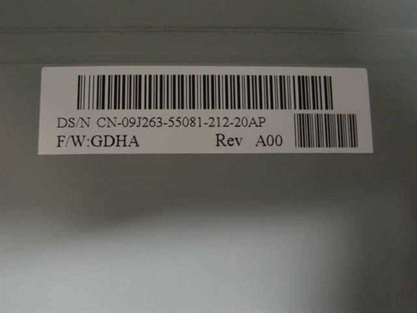 Dell 09J263 label closeup showing DS/N CN-09J263-55081-212-20AP, firmware GDHA Rev A00