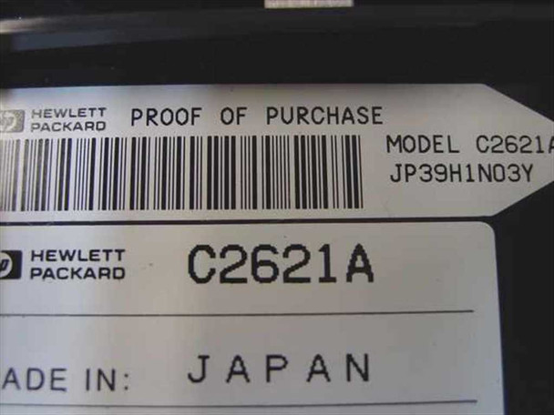 HP DeskJet 310 C2621A bottom label showing model number C2621A, Hewlett-Packard Proof of Purchase barcode, and Made in Japan marking