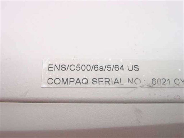 Compaq Deskpro ENS C500 service label closeup showing configuration code ENS/C500/6a/5/64 US and Compaq serial number beginning 6021 CY