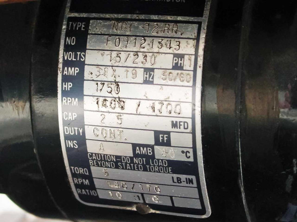Circulator gearmotor nameplate closeup — Type NCF-72-RH, 115/230V, 1-phase, 3.8/1.9A, 50/60Hz, 1400/1700 RPM, 2.5 MFD capacitor, continuous duty, 10:1 gear ratio