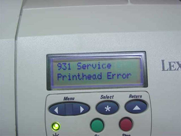 Lexmark Optra S 1650 control panel LCD displaying 931 Service Printhead Error message with Menu, Select, and Return buttons
