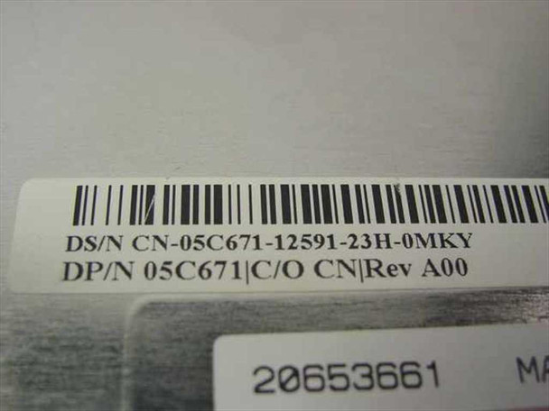 Dell 05C671 service label close-up — showing DS/N CN-05C671-12591-23H-0MKY, DP/N 05C671, C/O CN, Rev A00